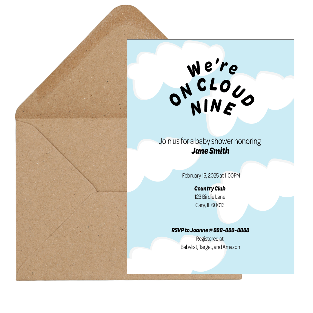 "On Cloud Nine" Baby Shower Invitations + Party Game Bundle