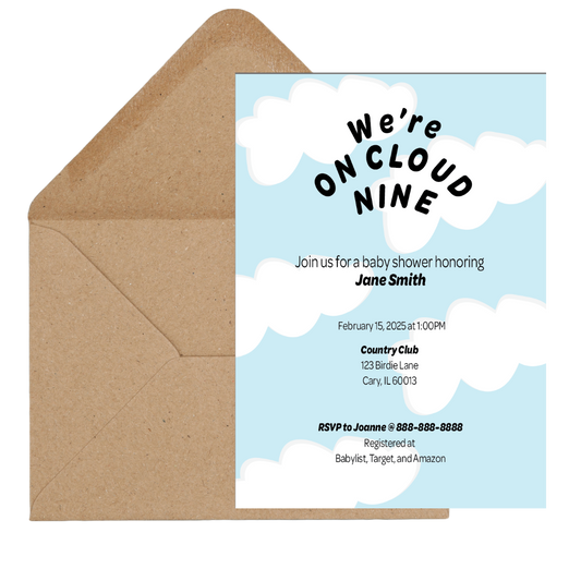 "On Cloud Nine" Baby Shower Invitations + Party Game Bundle