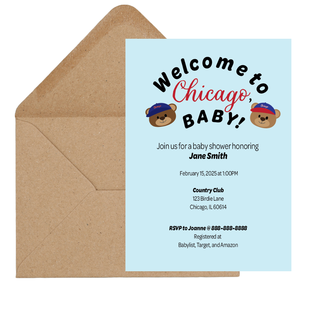 Chicago-Themed Baby Shower Invitations with Cute Sports Bears + Party Game Bundle